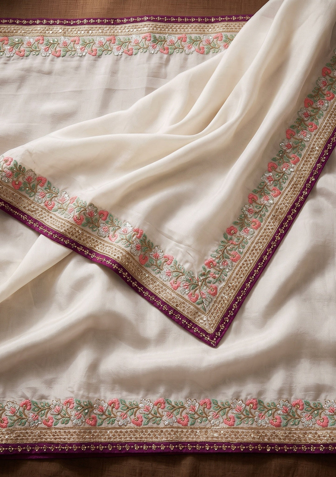 Off White Threadwork Tissue Saree With Matching Blouse Piece