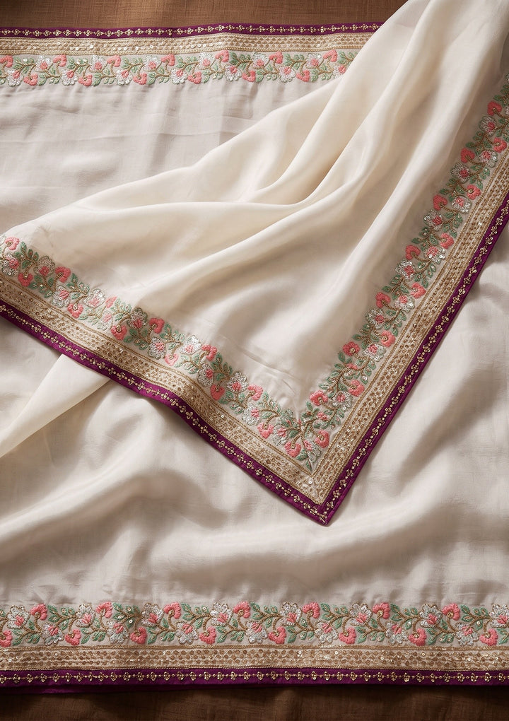 Off White Threadwork Tissue Saree With Matching Blouse Piece