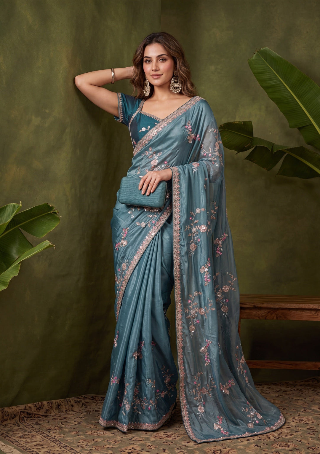 Blue Sequins Crepe Saree With Matching Blouse Piece