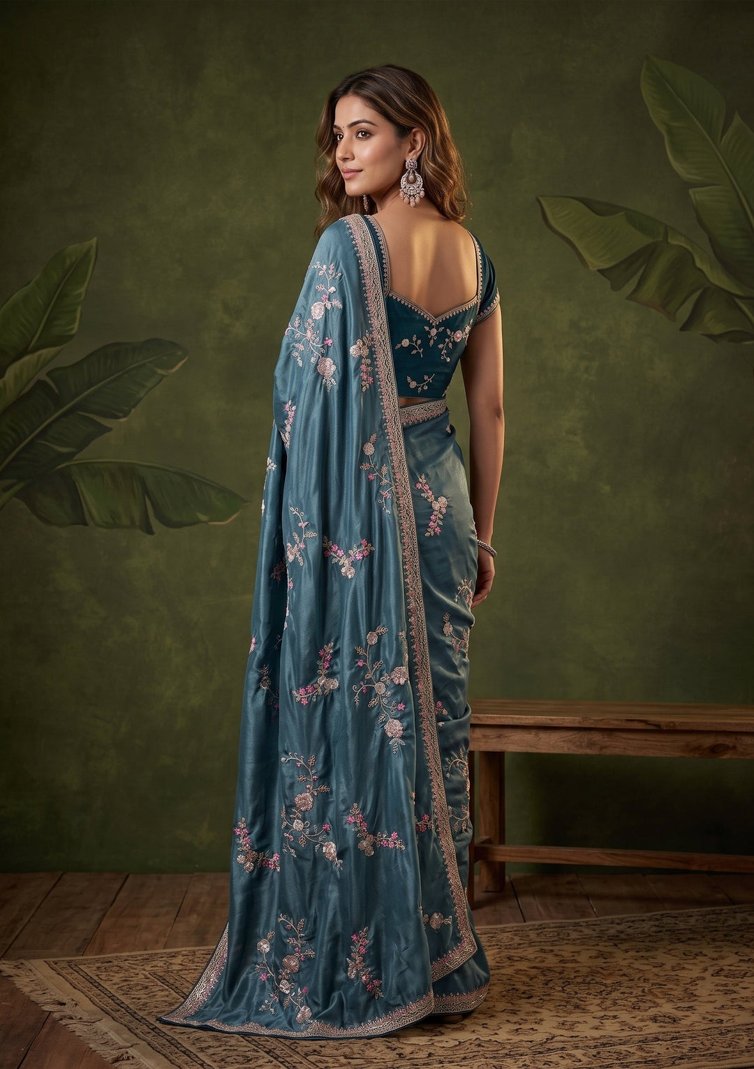 Blue Sequins Crepe Saree With Matching Blouse Piece