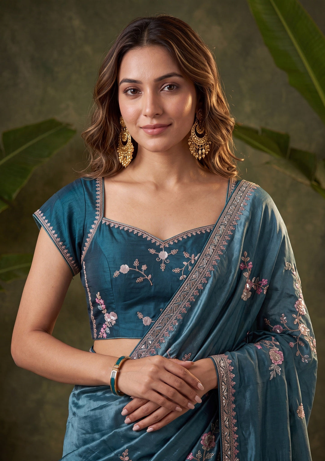Blue Sequins Crepe Saree With Matching Blouse Piece