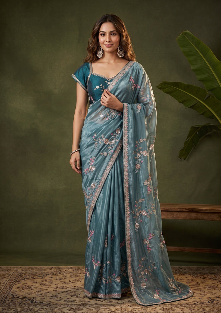 Blue Sequins Crepe Saree With Matching Blouse Piece