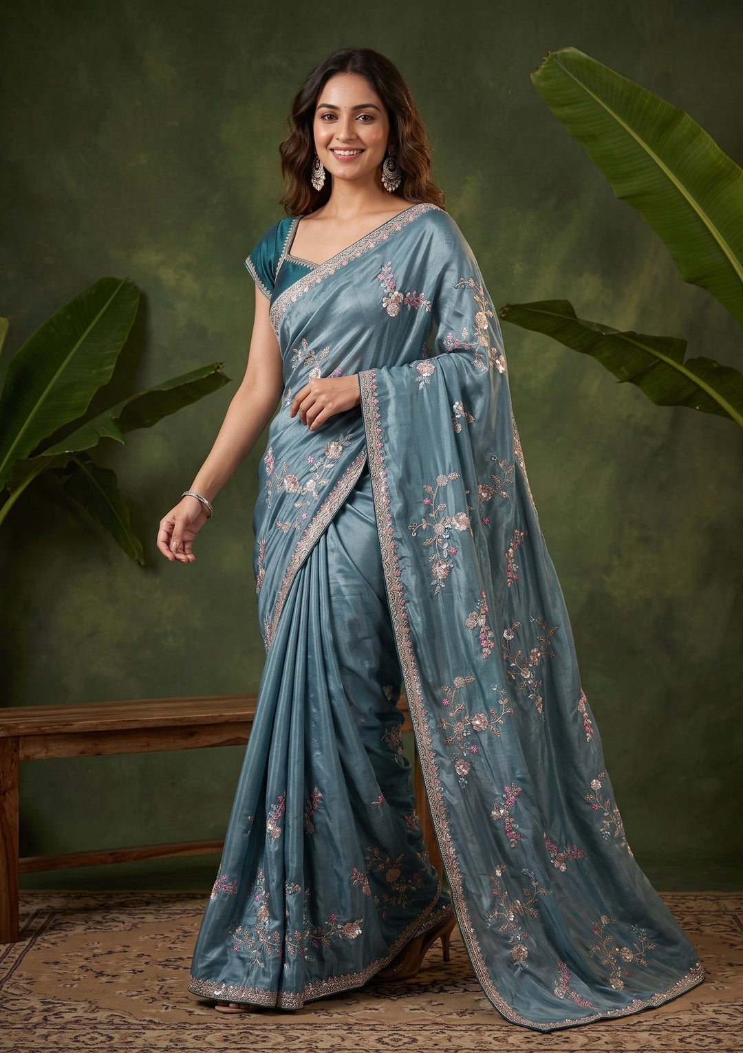 Blue Sequins Crepe Saree With Matching Blouse Piece