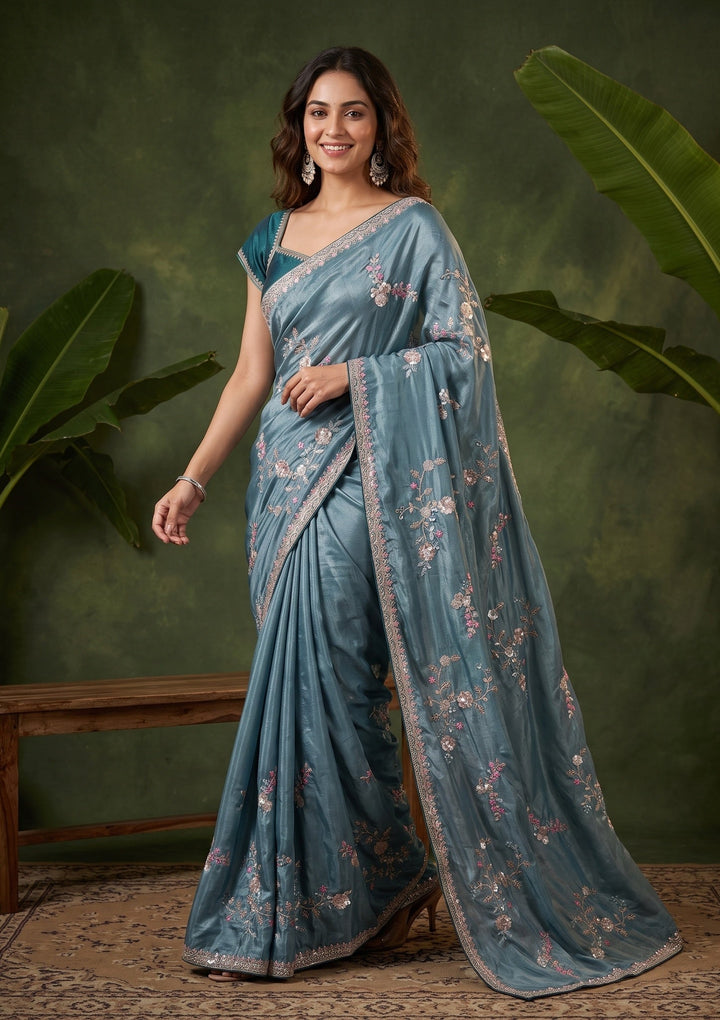 Blue Sequins Crepe Saree With Matching Blouse Piece