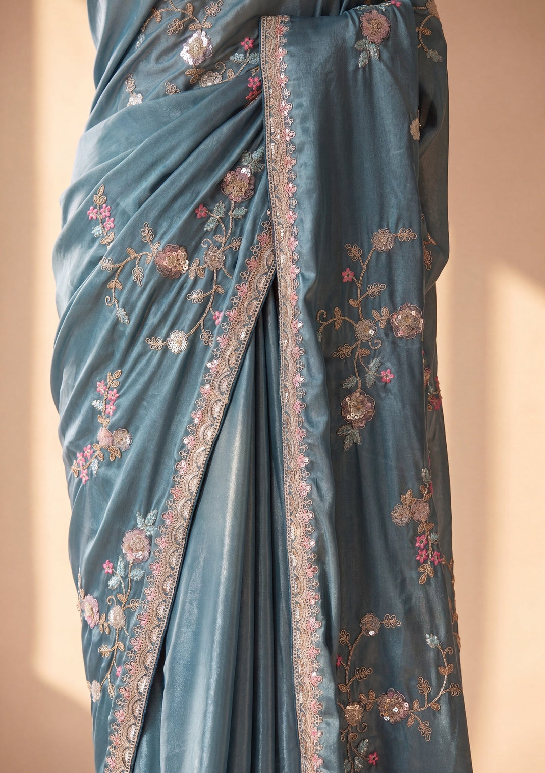 Blue Sequins Crepe Saree With Matching Blouse Piece