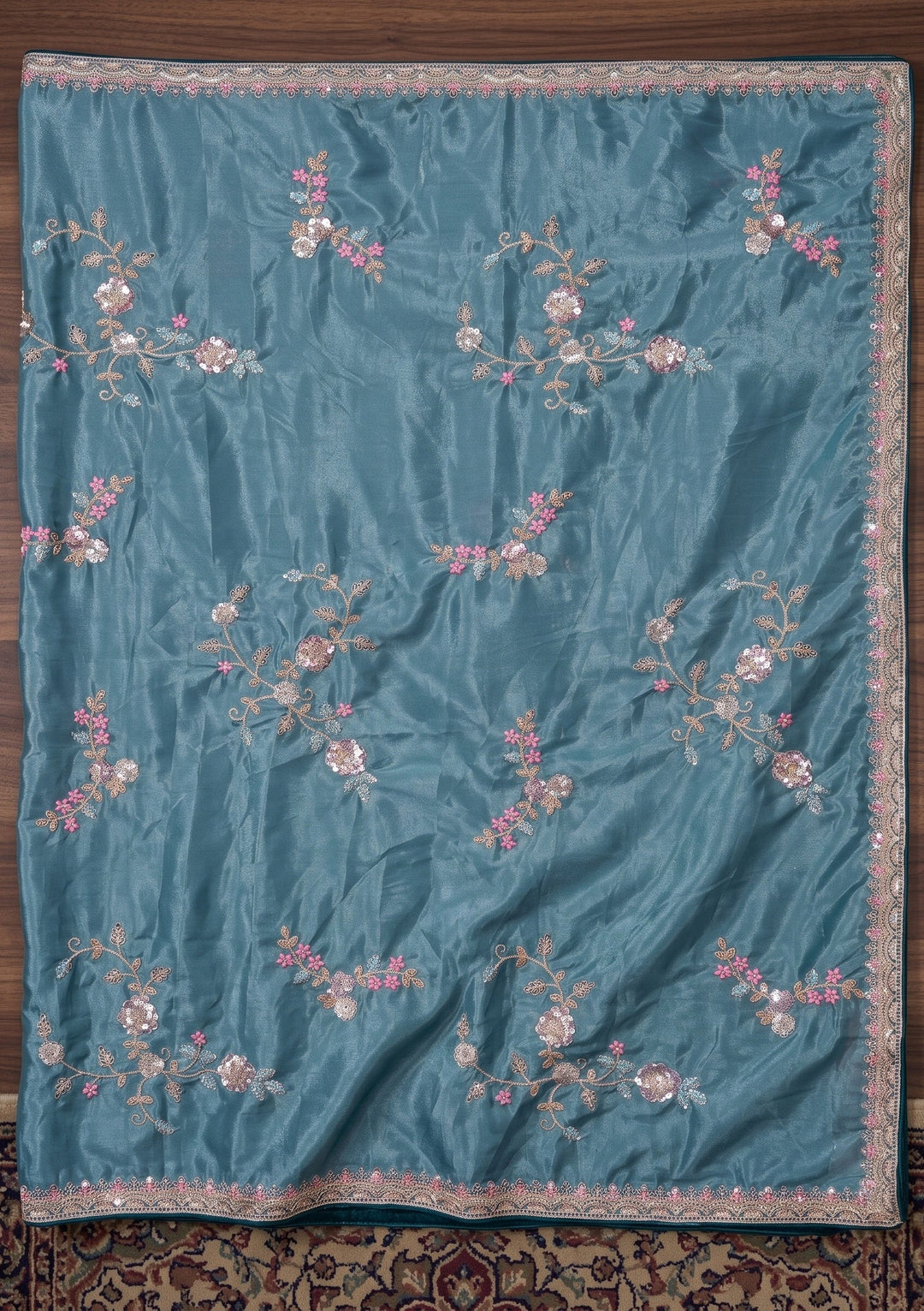 Blue Sequins Crepe Saree With Matching Blouse Piece