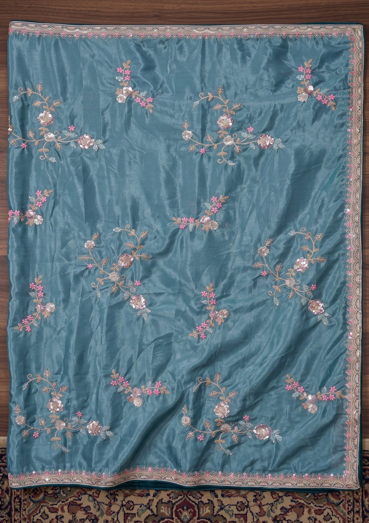 Blue Sequins Crepe Saree With Matching Blouse Piece