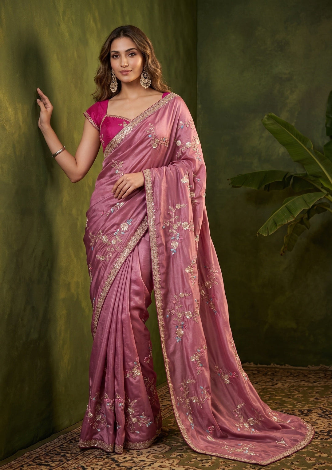 Onion Pink Sequins Crepe Saree With Matching Blouse Piece