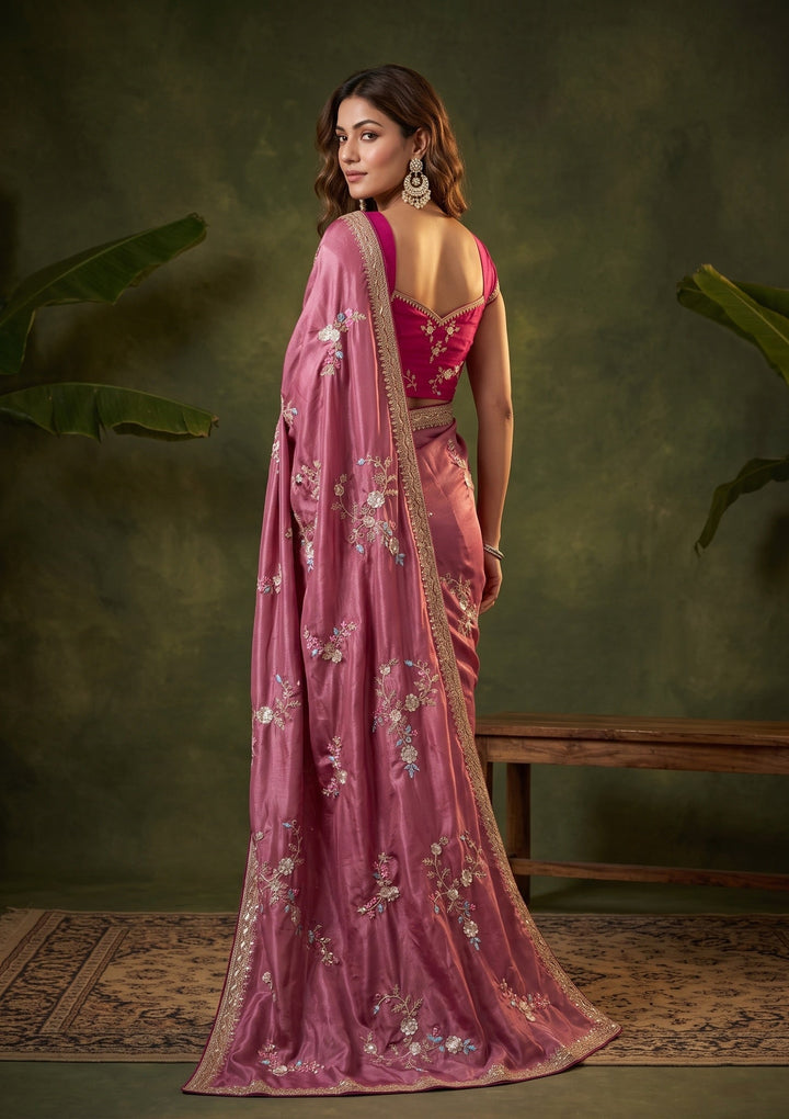 Onion Pink Sequins Crepe Saree With Matching Blouse Piece