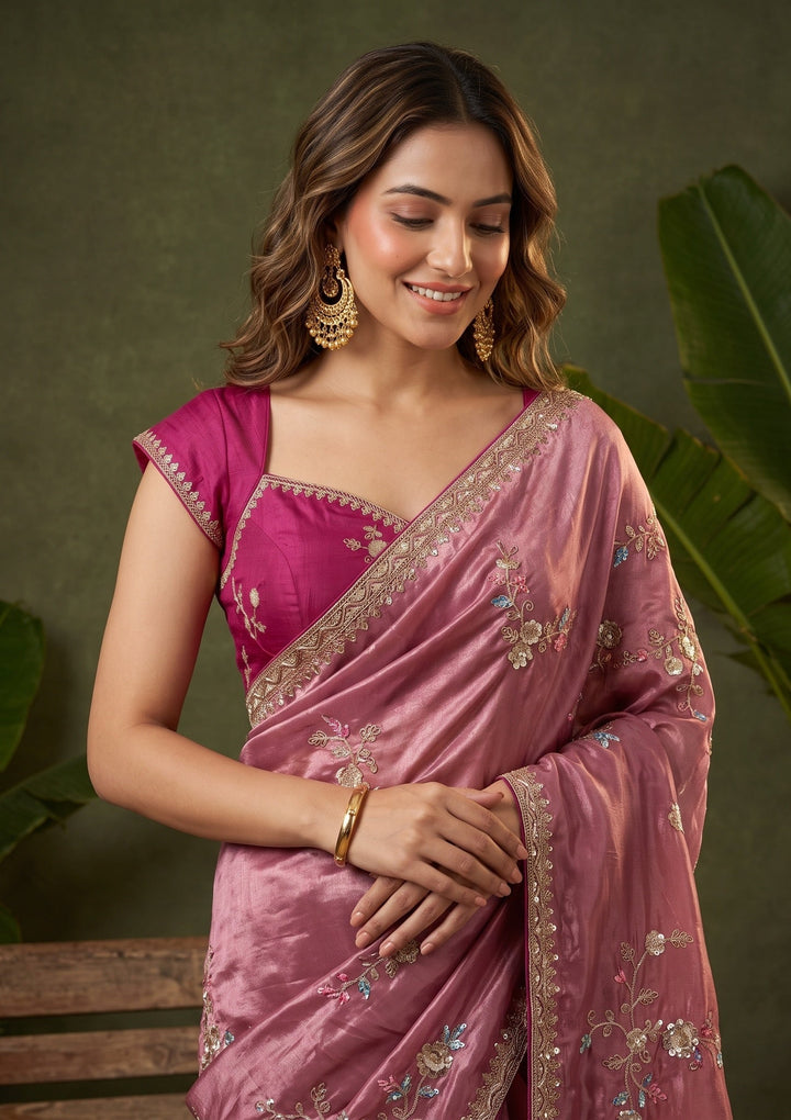 Onion Pink Sequins Crepe Saree With Matching Blouse Piece