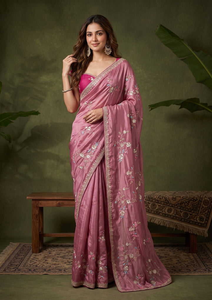 Onion Pink Sequins Crepe Saree With Matching Blouse Piece