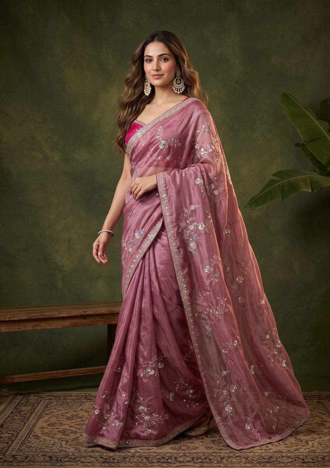 Onion Pink Sequins Crepe Saree With Matching Blouse Piece