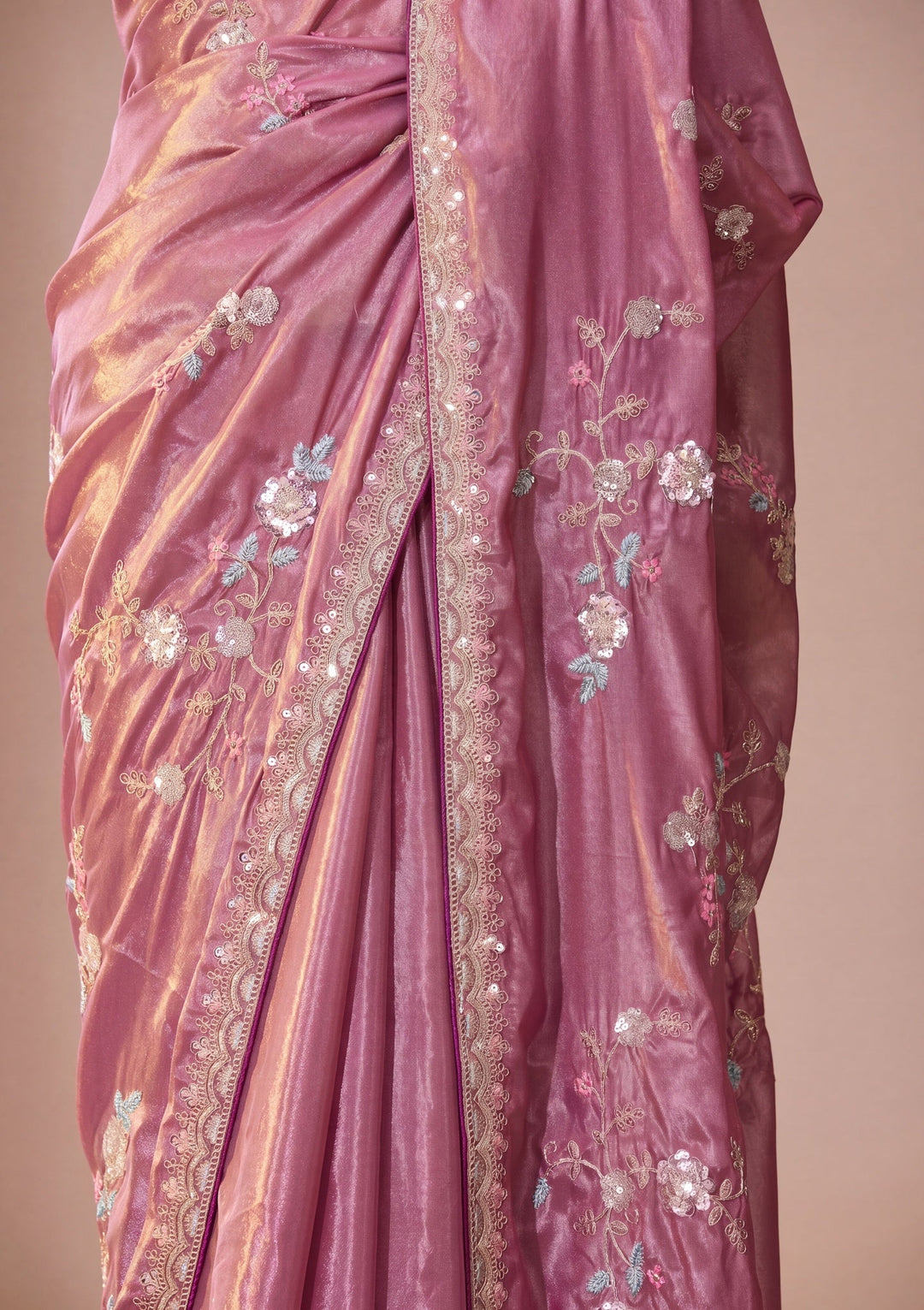 Onion Pink Sequins Crepe Saree With Matching Blouse Piece