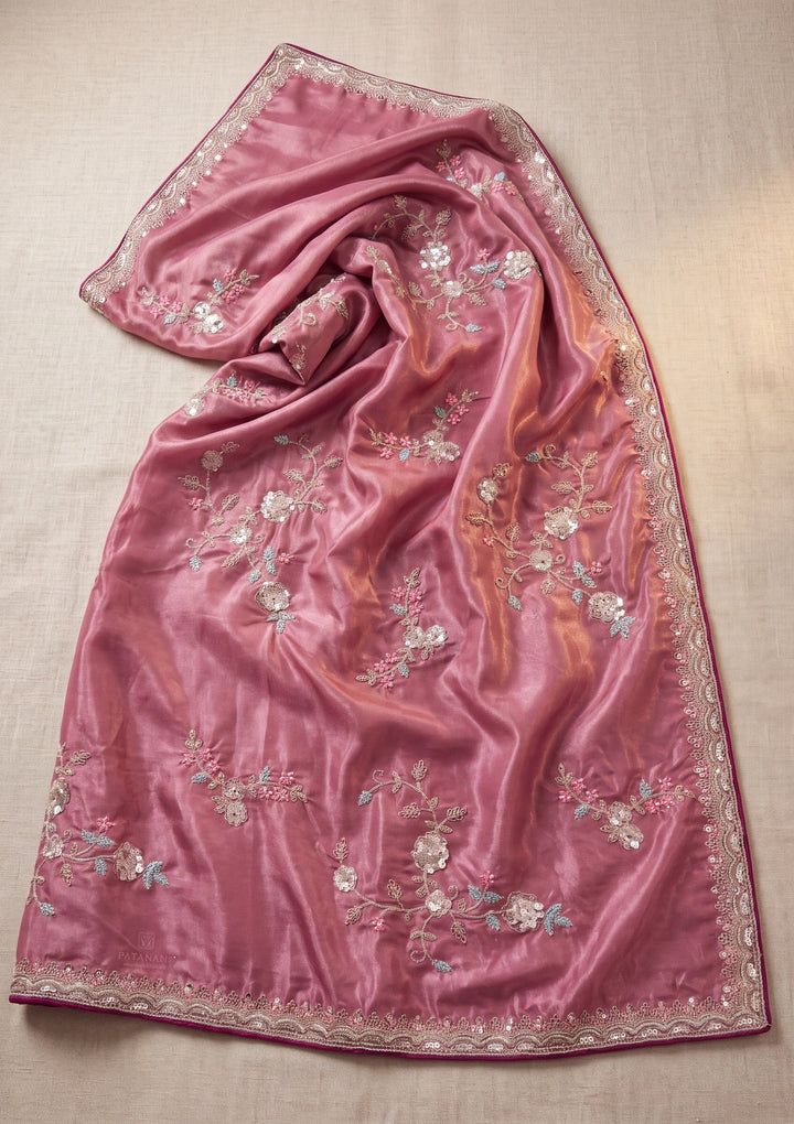 Onion Pink Sequins Crepe Saree With Matching Blouse Piece