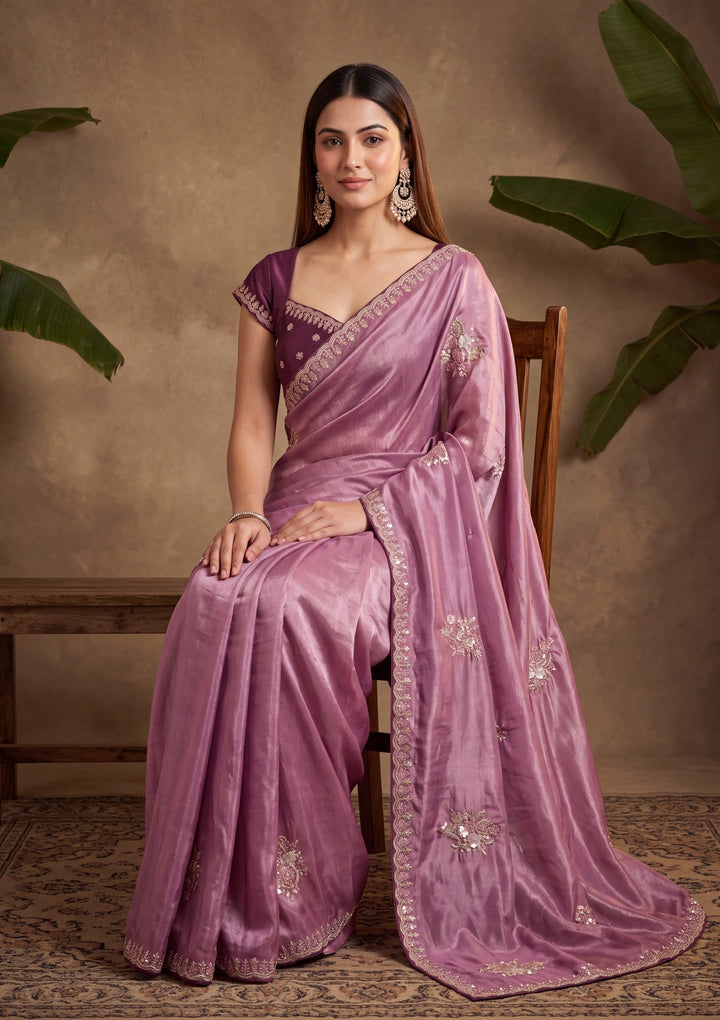 Dark Lavender Crepe Threadwork Saree With Matching Blouse Piece
