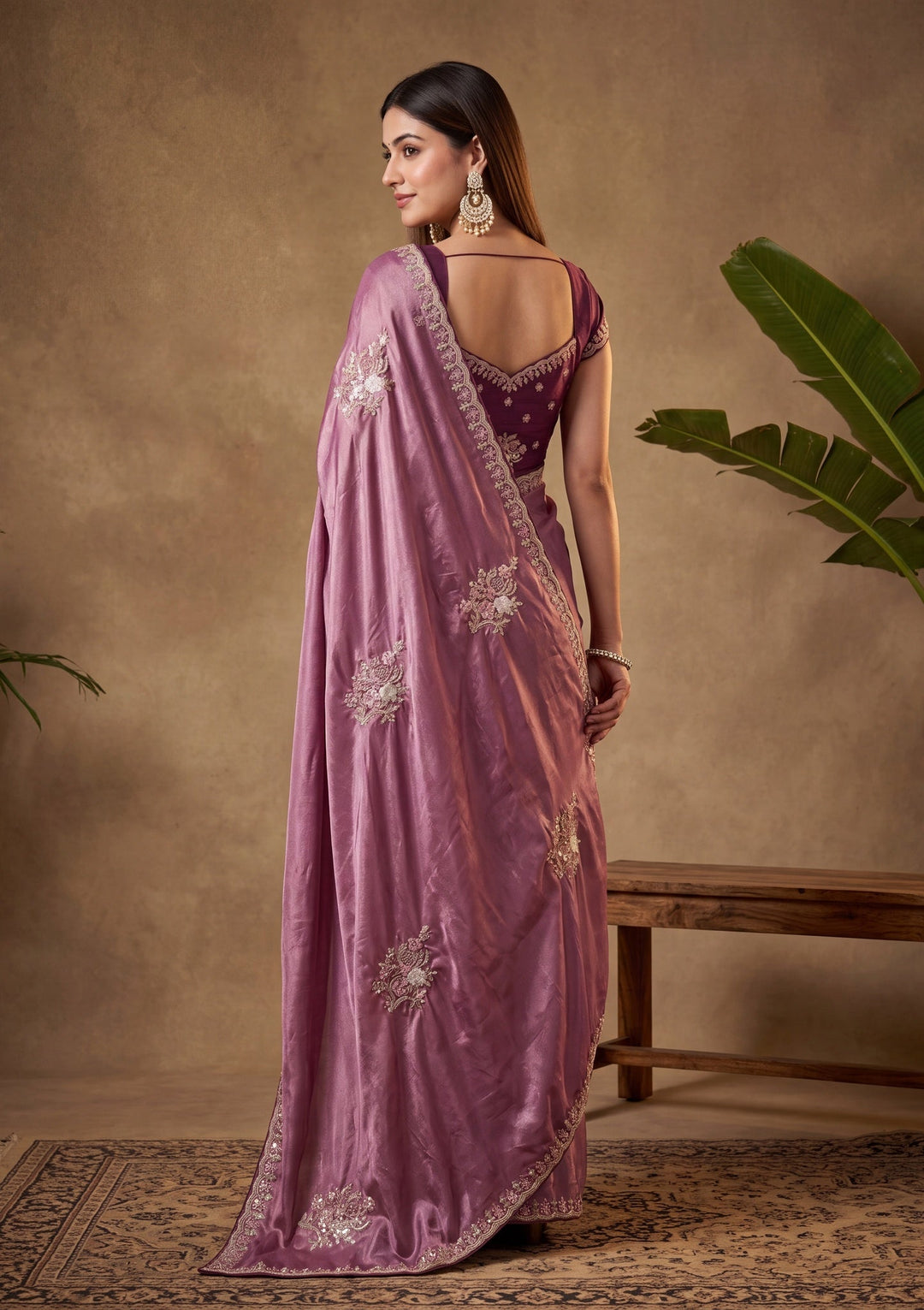 Dark Lavender Crepe Threadwork Saree With Matching Blouse Piece