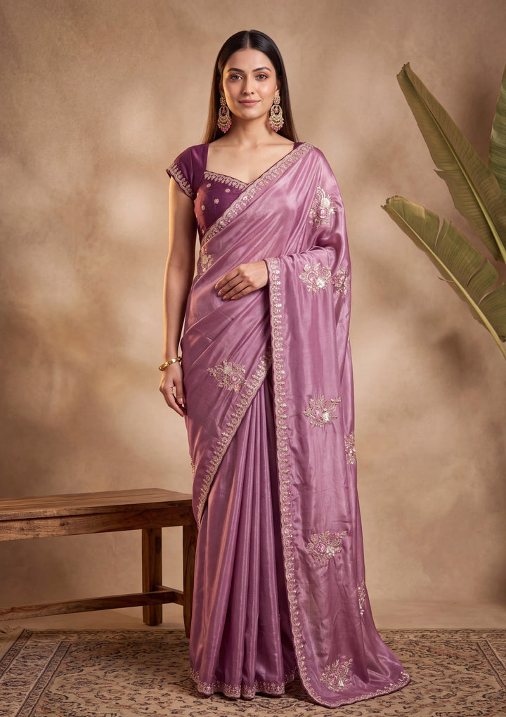 Dark Lavender Crepe Threadwork Saree With Matching Blouse Piece
