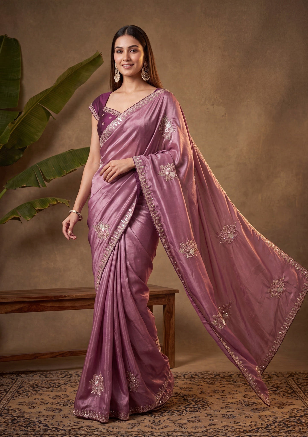 Dark Lavender Crepe Threadwork Saree With Matching Blouse Piece