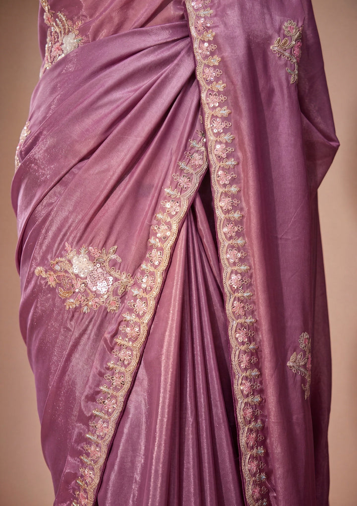 Dark Lavender Crepe Threadwork Saree With Matching Blouse Piece