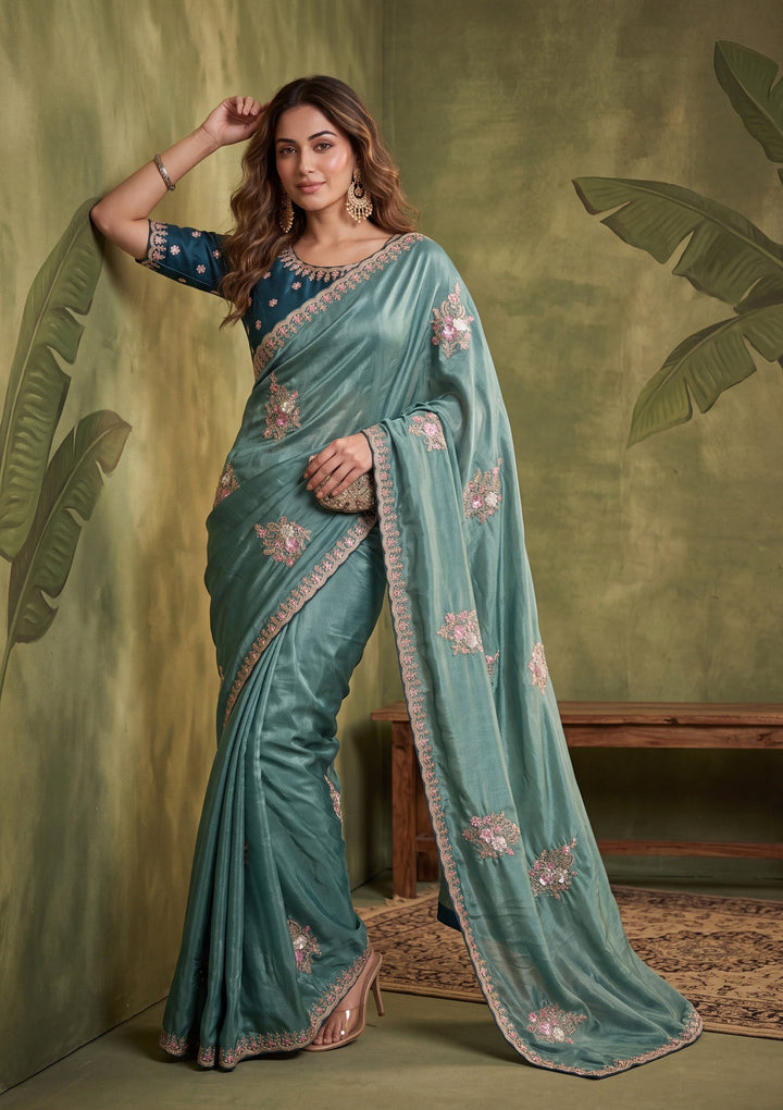 Sea Green Crepe Threadwork Saree With Matching Blouse Piece
