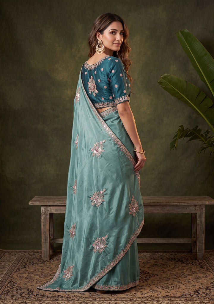Sea Green Crepe Threadwork Saree With Matching Blouse Piece