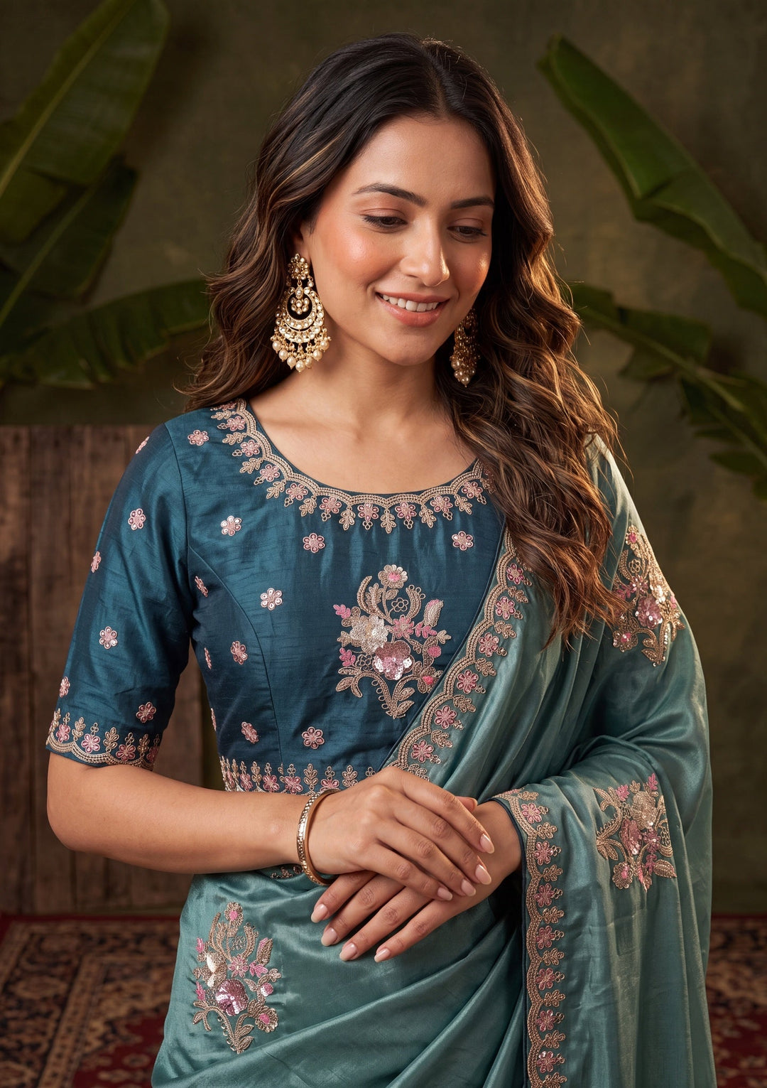 Sea Green Crepe Threadwork Saree With Matching Blouse Piece