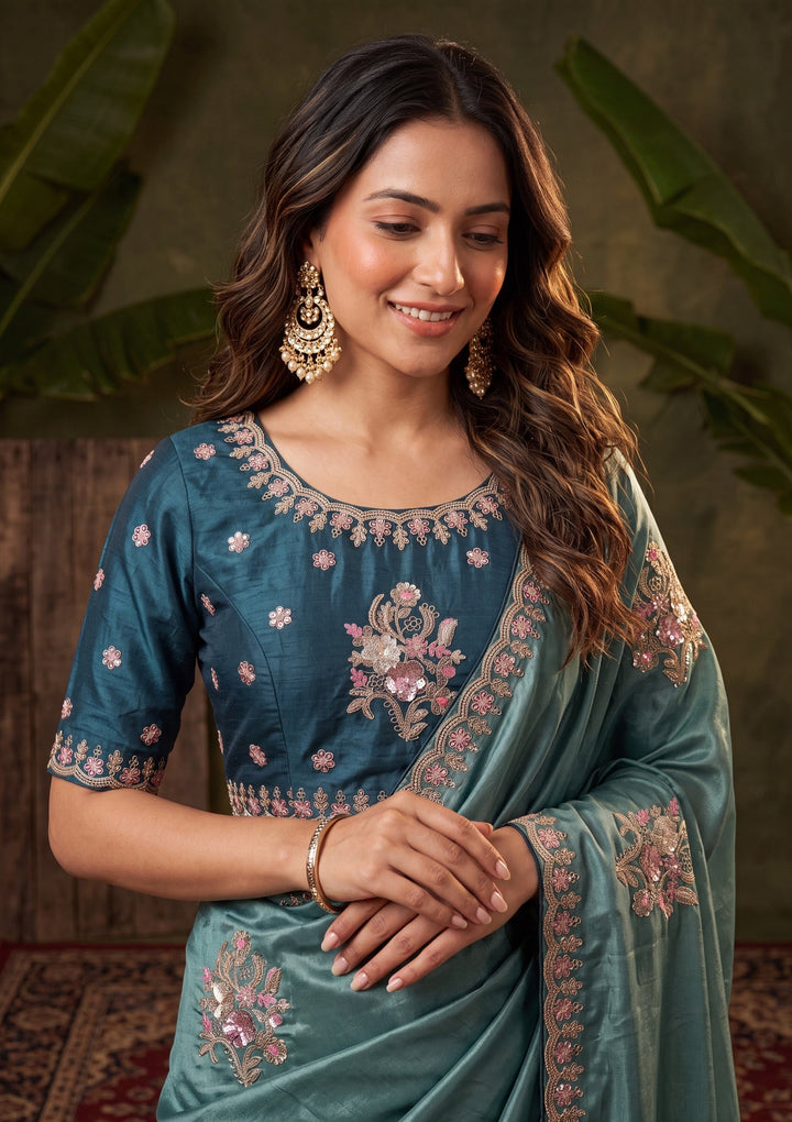 Sea Green Crepe Threadwork Saree With Matching Blouse Piece