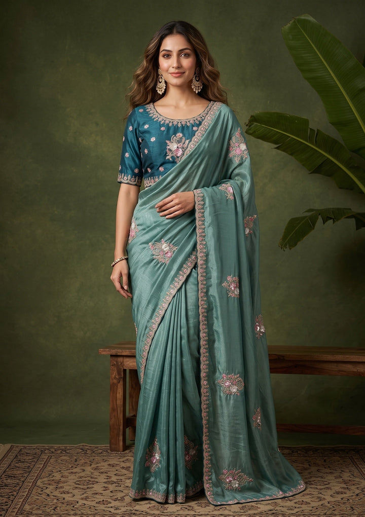 Sea Green Crepe Threadwork Saree With Matching Blouse Piece