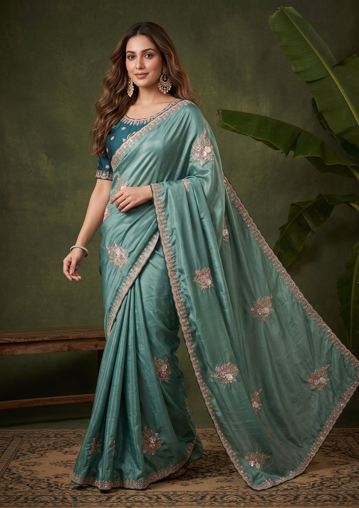 Sea Green Crepe Threadwork Saree With Matching Blouse Piece