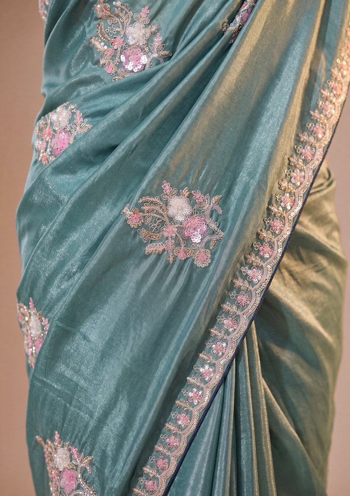 Sea Green Crepe Threadwork Saree With Matching Blouse Piece