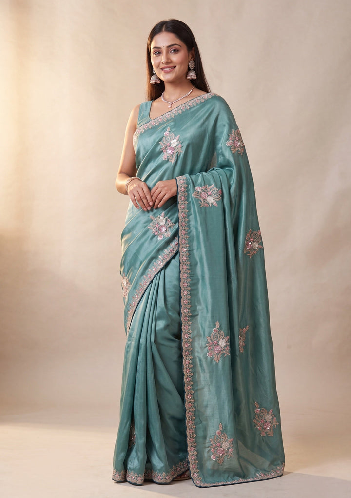 Sea Green Crepe Threadwork Saree With Matching Blouse Piece