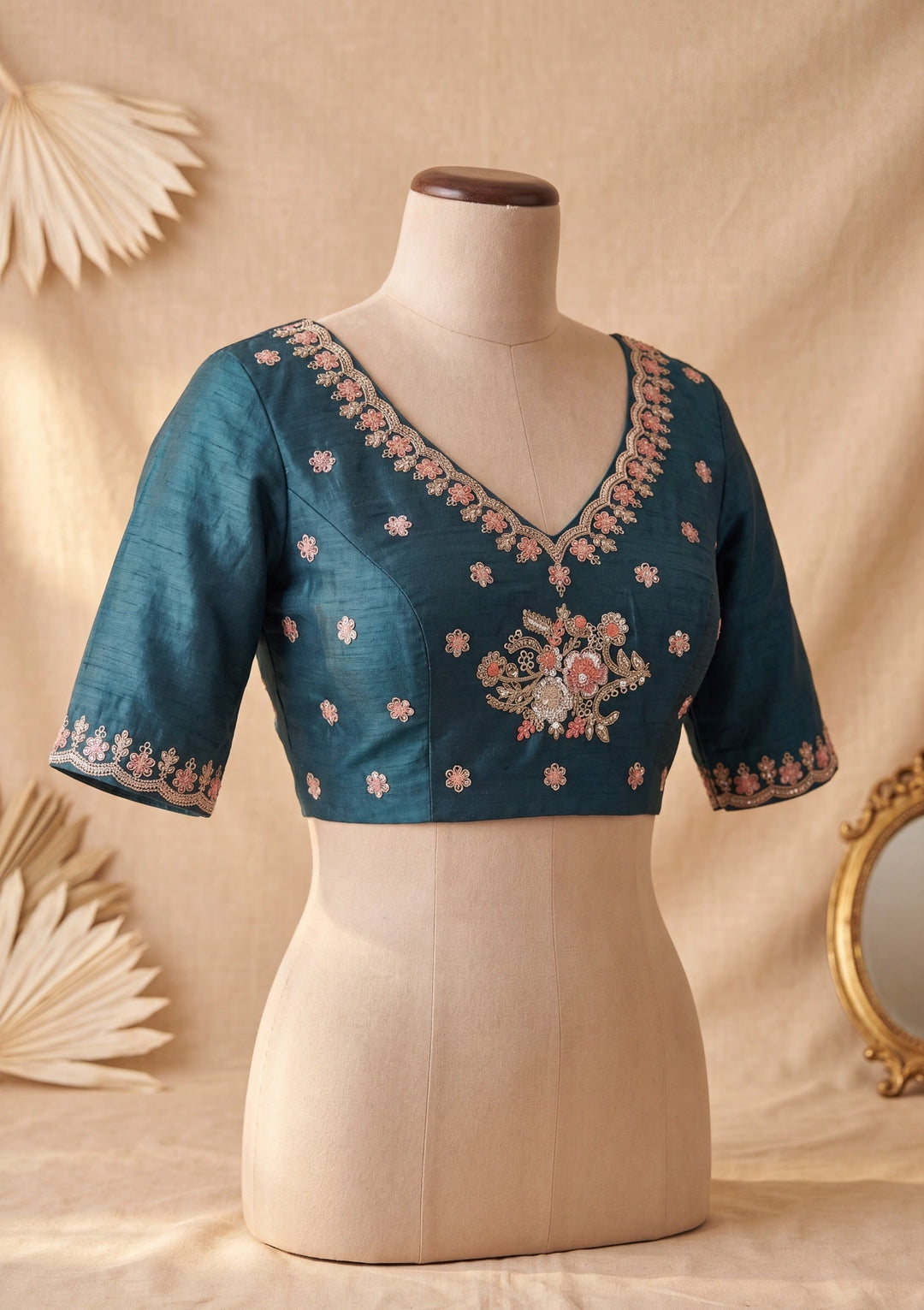 Sea Green Crepe Threadwork Saree With Matching Blouse Piece