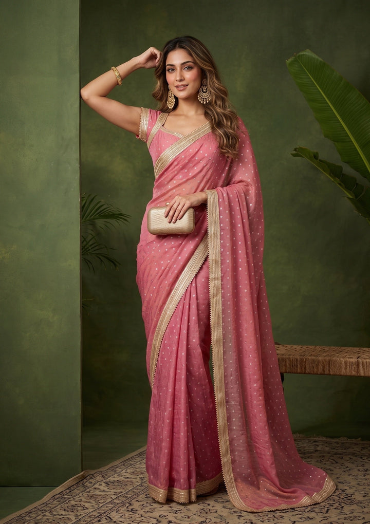 Onion Pink Chanderi Gold Zariwork Saree With Matching Blouse Piece