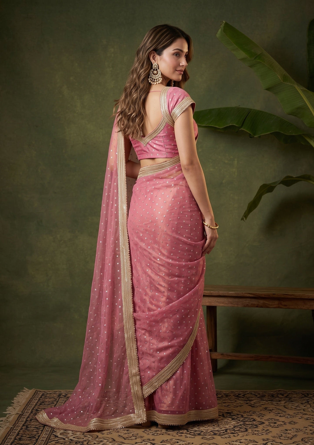 Onion Pink Chanderi Gold Zariwork Saree With Matching Blouse Piece