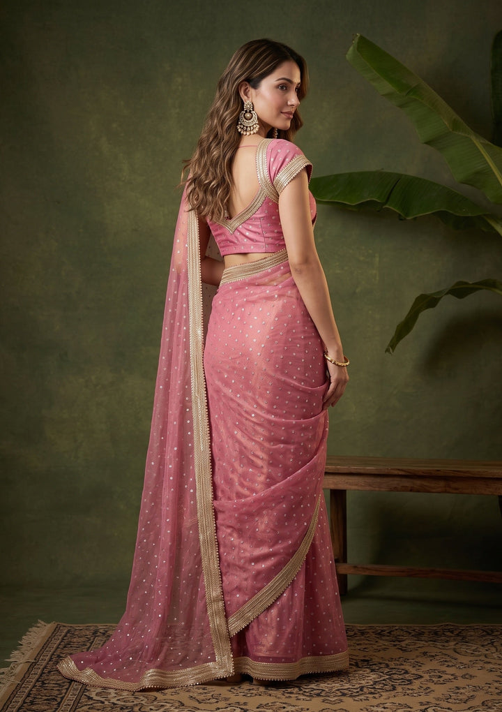 Onion Pink Chanderi Gold Zariwork Saree With Matching Blouse Piece
