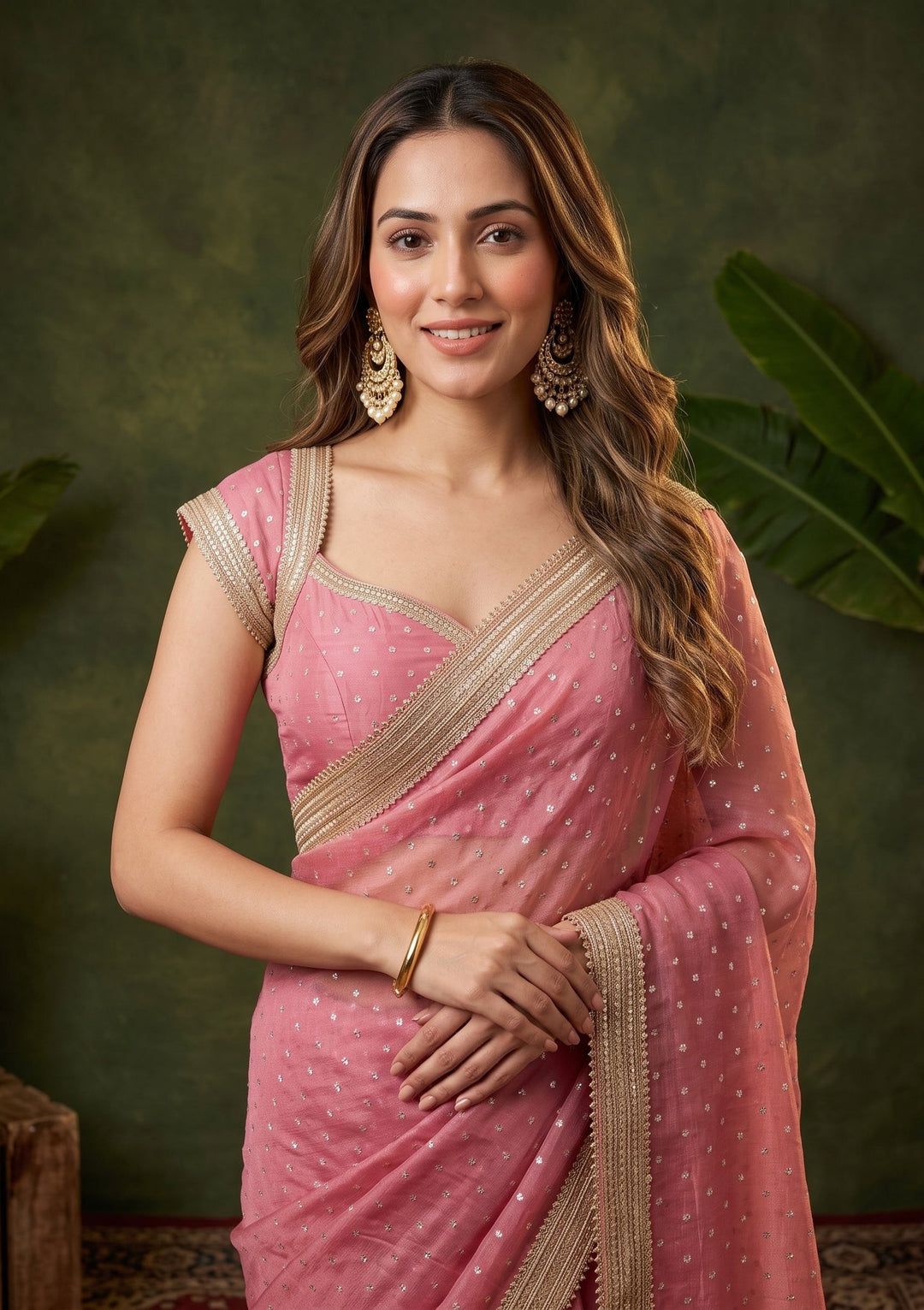 Onion Pink Chanderi Gold Zariwork Saree With Matching Blouse Piece