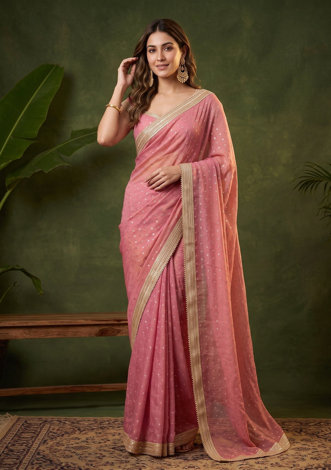 Onion Pink Chanderi Gold Zariwork Saree With Matching Blouse Piece