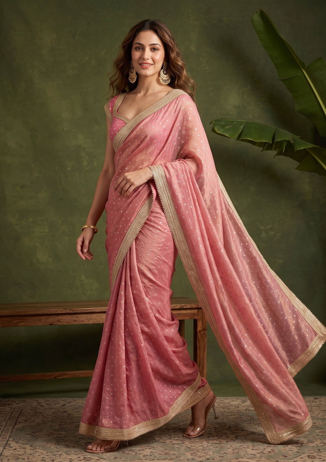 Onion Pink Chanderi Gold Zariwork Saree With Matching Blouse Piece