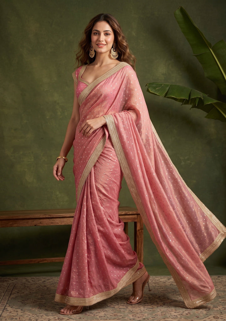 Onion Pink Chanderi Gold Zariwork Saree With Matching Blouse Piece