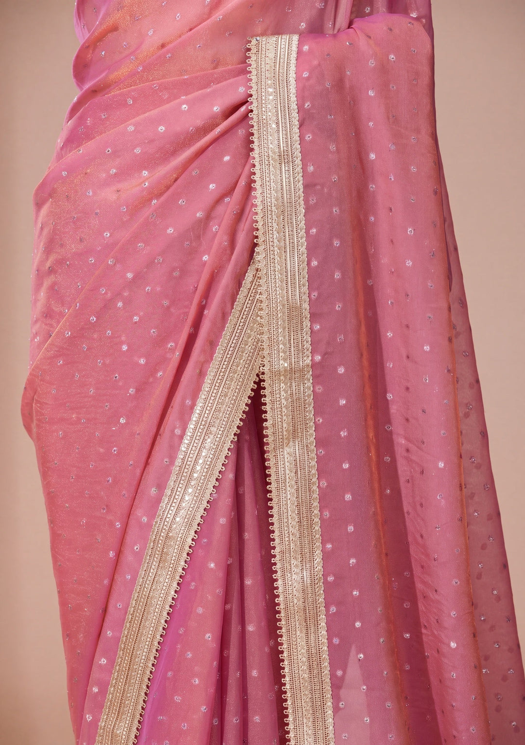 Onion Pink Chanderi Gold Zariwork Saree With Matching Blouse Piece