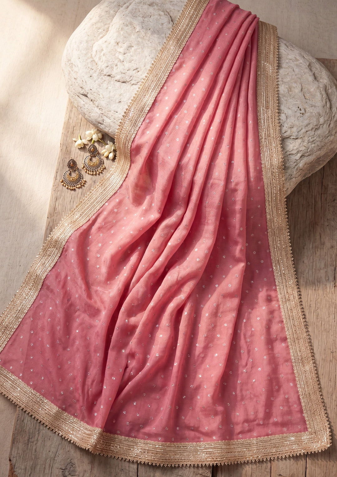 Onion Pink Chanderi Gold Zariwork Saree With Matching Blouse Piece
