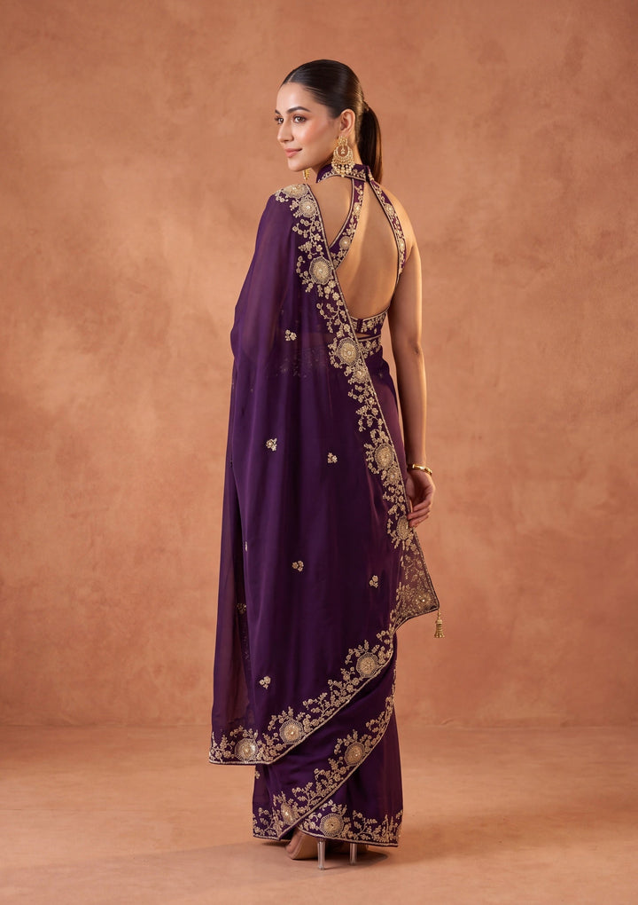 Purple Satin Cording Saree With Matching Blouse Piece
