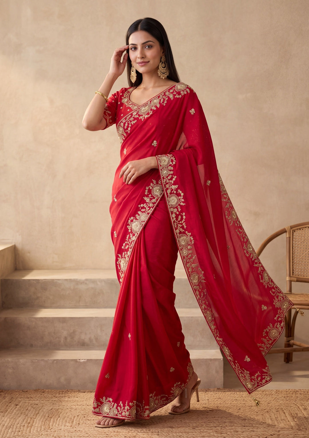 Rani Pink Satin Cording Saree With Matching Blouse Piece