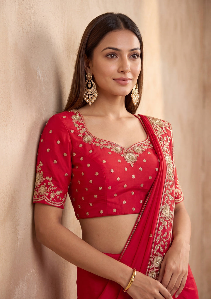 Rani Pink Satin Cording Saree With Matching Blouse Piece