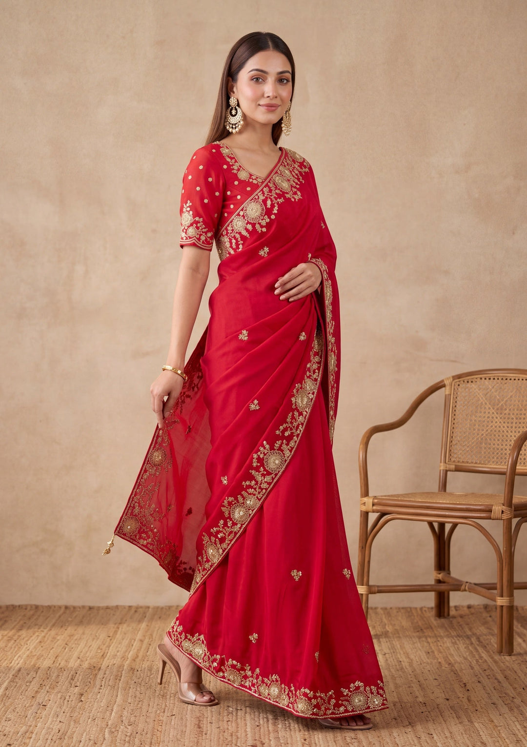 Rani Pink Satin Cording Saree With Matching Blouse Piece