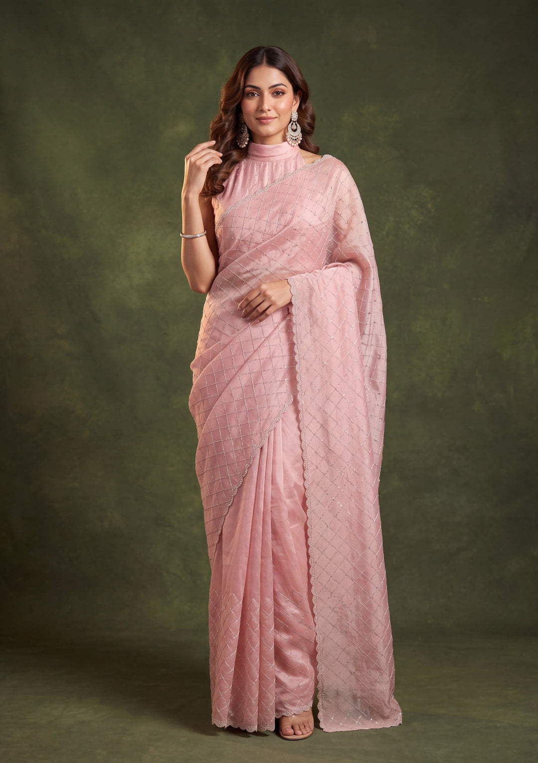 Baby Pink Tissue Gold Stonework Saree With Matching Blouse Piece