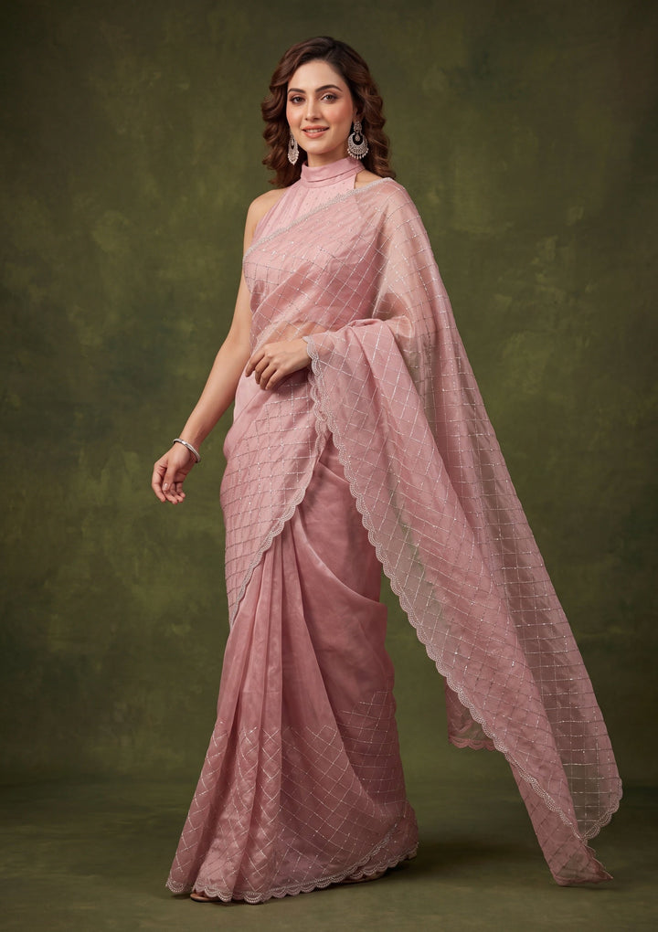 Baby Pink Tissue Gold Stonework Saree With Matching Blouse Piece