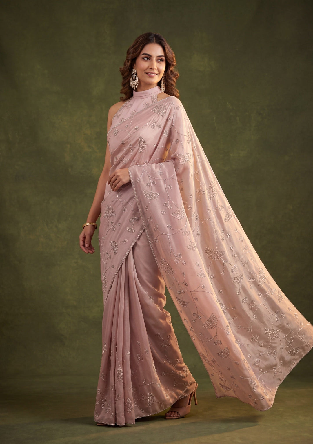 Light Lavender Tissue Gold Stonework Saree With Matching Blouse Piece