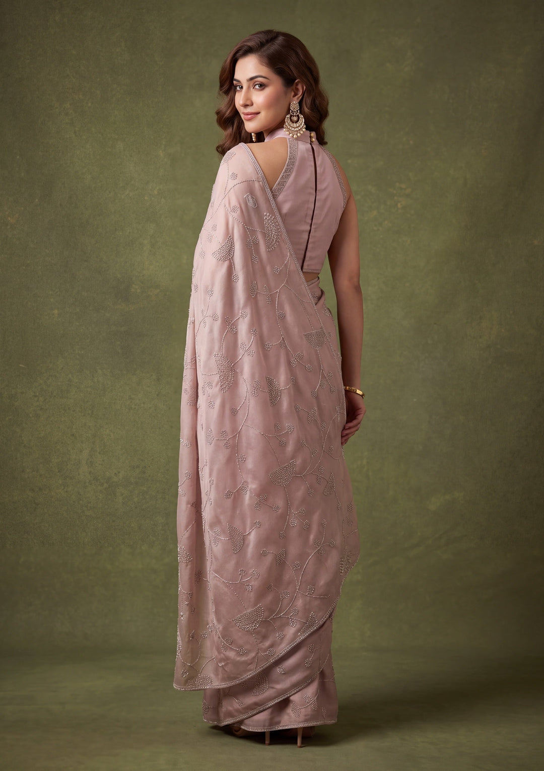 Light Lavender Tissue Gold Stonework Saree With Matching Blouse Piece