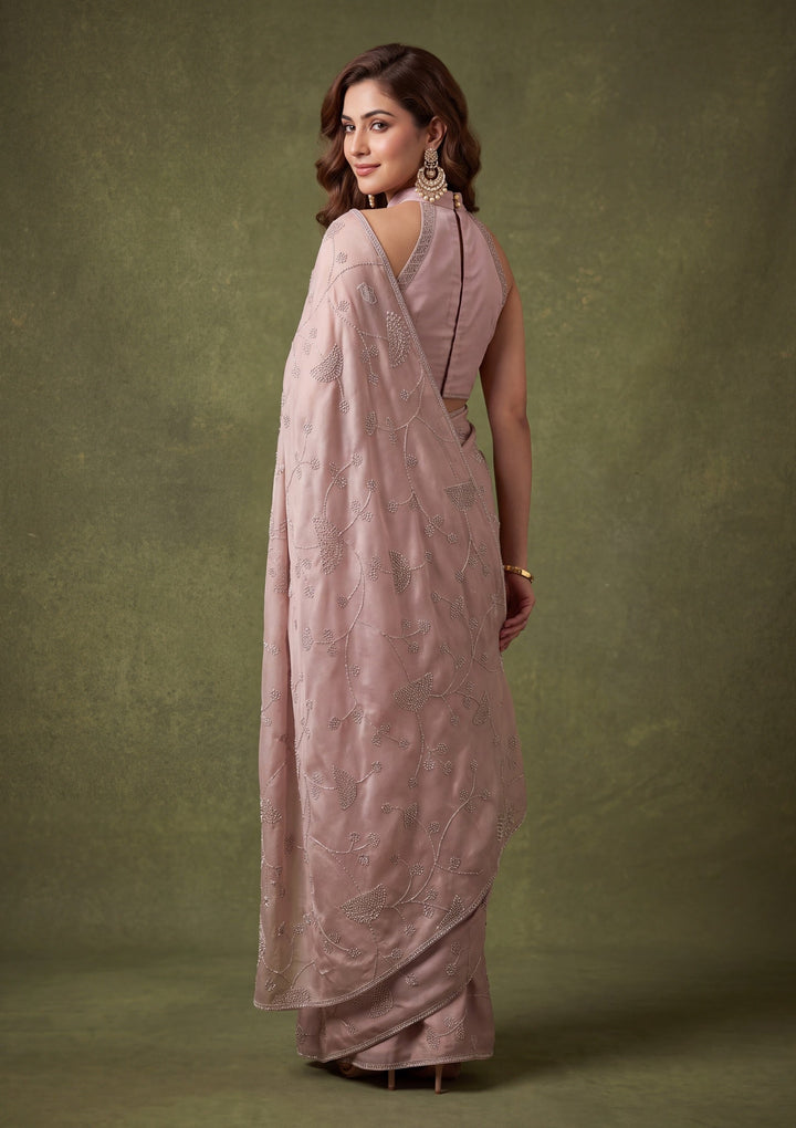 Light Lavender Tissue Gold Stonework Saree With Matching Blouse Piece